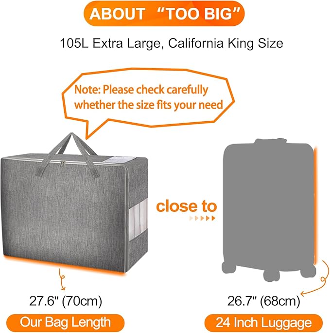 3 Pack 105L Comforter Storage Bags, Extra Large Bedding Storage Bags with Card and Clear Window, Reinforced Handles & Zippers, Foldable Closet Organizers for Blanket Pillow Clothes