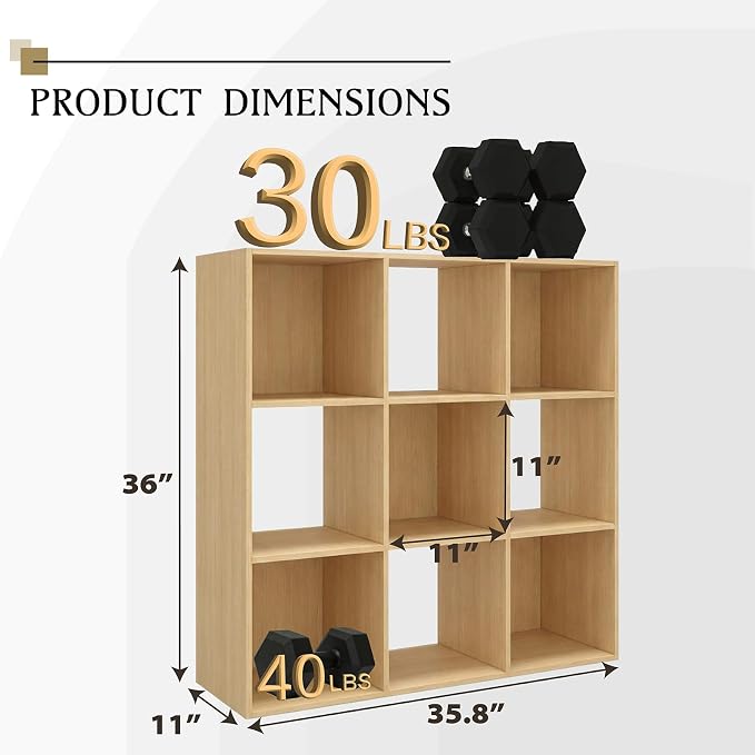 WannabeMyself【Sturdy Build&Easy Assembly】9 Cube Storage Organizer with Anti-Tipping Kits,Reversible Open Back Book Shelf, Bookcase for Living Room,Bedroom,Entrance Hall,Office,35.8×11.4×35.9,Oak Color