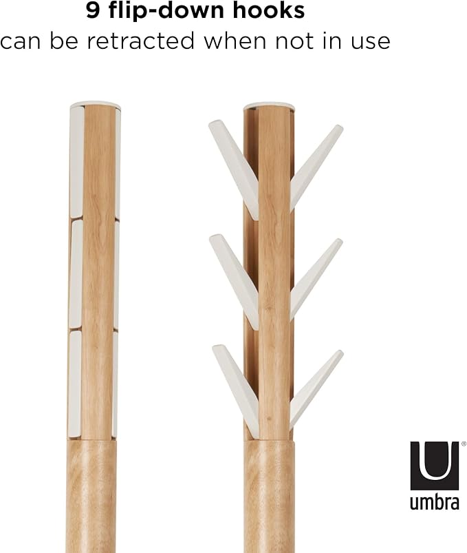 Umbra Flapper Coat Rack, Flip Down Clothing Rack, 9 Hooks, White/Natural