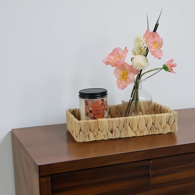 Water Hyacinth Bathroom Vanity Tray, 10 Inch | Toilet Tank Basket, Bathroom Counter Organizer, Small Wicker Tray, Toiletry Storage, Coffee Table Decor