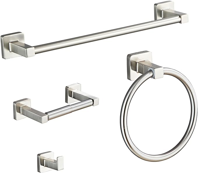 Brushed Nickel Bathroom Hardware Set 4 Pieces,Towel Bar Set Stainless Steel Wall Mounted, Includes 16In Hand Towel Bar, Towel Ring, Robe Towel Hooks,Toilet Paper Holder, Bathroom Towel Rack Set…
