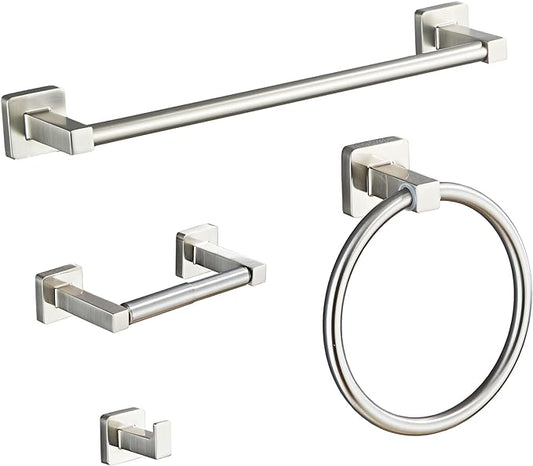 Brushed Nickel Bathroom Hardware Set 4 Pieces,Towel Bar Set Stainless Steel Wall Mounted, Includes 16In Hand Towel Bar, Towel Ring, Robe Towel Hooks,Toilet Paper Holder, Bathroom Towel Rack Set…