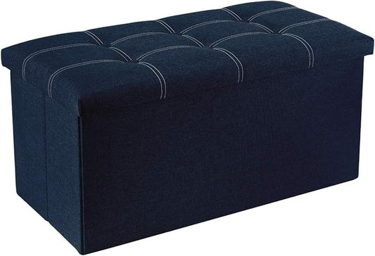 YOUDENOVA 30" Linen Ottoman with Storage, Folding Bench, Blue | Foldable linen ottoman with hidden storage, padded seat and sturdy frame for living room or bedroom.