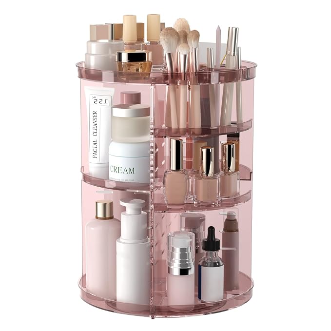 Rotating Makeup Organizer, DIY 8 Adjustable Layers Spinning Skincare Storage, Cosmetic Display Case with Brush Holder and Perfume Tray, Multi-Function Vanity Bathroom Countertop Organizer Clear Pink