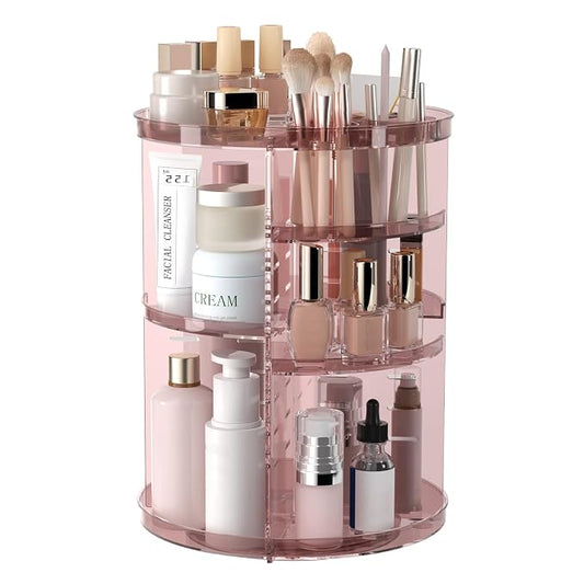 Rotating Makeup Organizer, DIY 8 Adjustable Layers Spinning Skincare Storage, Cosmetic Display Case with Brush Holder and Perfume Tray, Multi-Function Vanity Bathroom Countertop Organizer Clear Pink