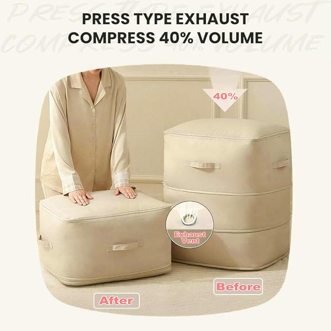Comforter Storage Bag, Bedding & Blanket Self Compression Storage Organizer | Compression Storage Bag for Blanket Storage, 3-Layer Thick Satin Fabric Heavy Duty Bags for Pillow Duvet (Beige, XL, 2PCS)
