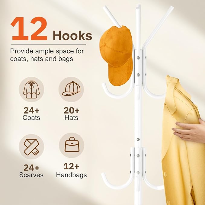 MISSLO Heavy Duty Coat Rack Freestanding with Stable Wood Base Modern Coat Tree with 12 Hooks Adjustable Coats Hanger Stand Stylish Standing Clothes Tree for Entryway Bedroom Corner Hall (White)
