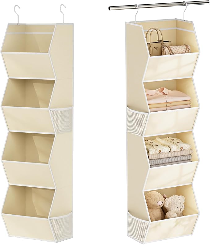 Hanging Closet Organizer 4 Shelf Collapsible Fabric Closet Organizers and Storage Hanging with Mesh Pocket for Clothes, Hanging Wardrobe Organizers and Storage for Sweater T-Shirt Shoes Toys, Beige