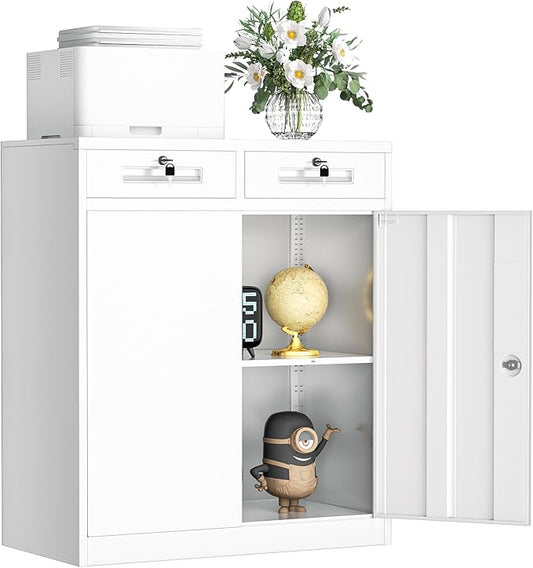 INTERGREAT Metal Storage Cabinet with Drawers, 36”H Lockable Office Storage Cabinets with 2 Doors and Adjustable Shelves, White Steel File Cabinet for Home Office, Garage, School, Apartment(White)