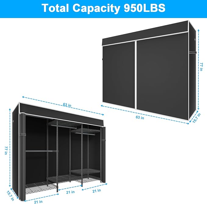 E13C Heavy Duty Closet Organizer System，Freestanding Clothing Racks for Hanging Clothes，Adjustable Garment Rack 63" W x 16" D x 77" H Hold 960 lbs，Black Clothing Rack with Black Dustproof Cover