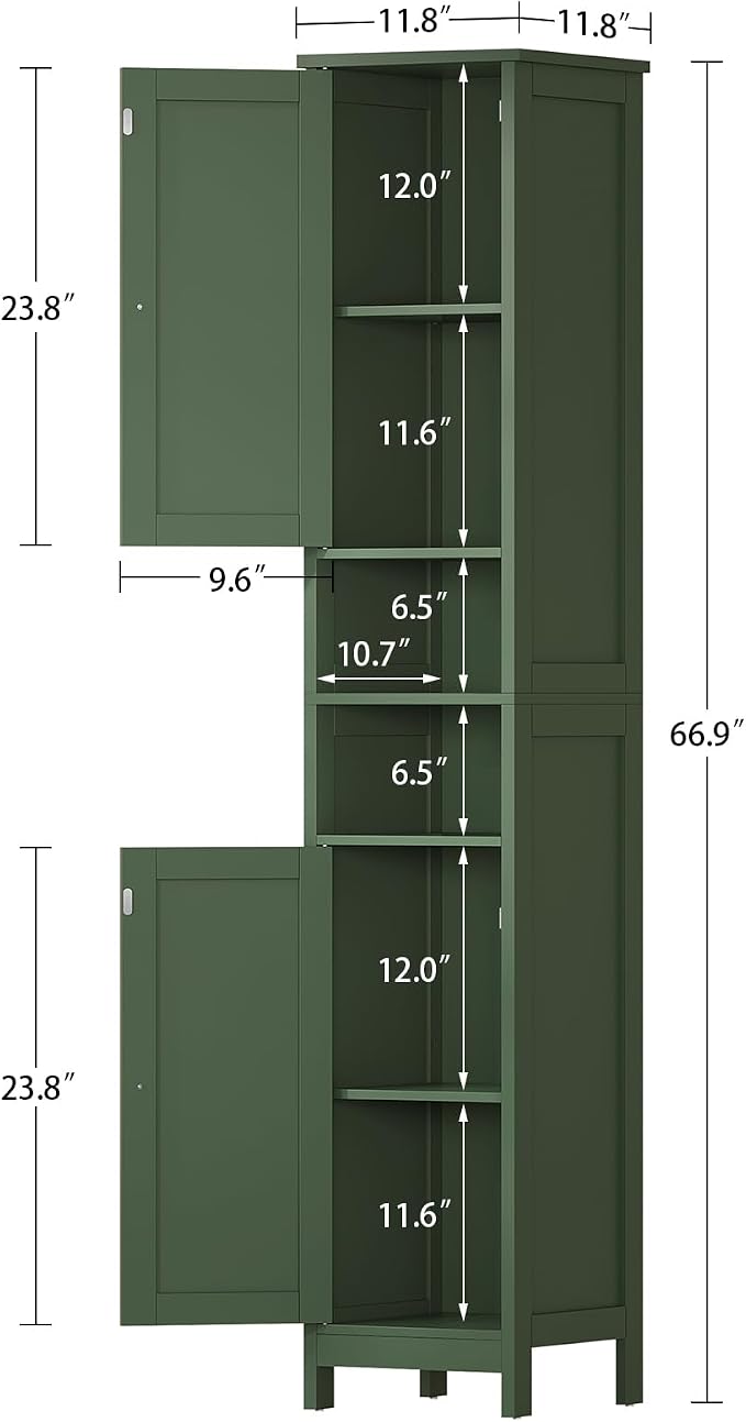 67" Tall Bathroom Cabinet with Adjustable Shelves and Doors, Narrow Bathroom Storage Cabinet for Small Space, Living Room, Entryway, Kitchen, Green