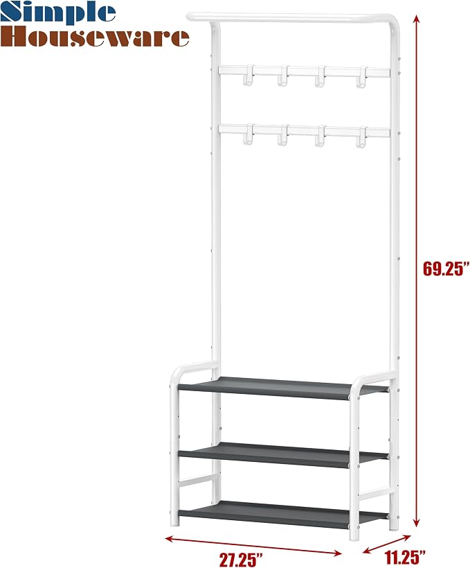 Simple Houseware Coat Rack with Shelf, Standing Hall Tree with Hooks, White | For Entryway, Bedroom, Office, White Metal Clothes Hanger Stand for Coats, Hats, Jackets, Bags