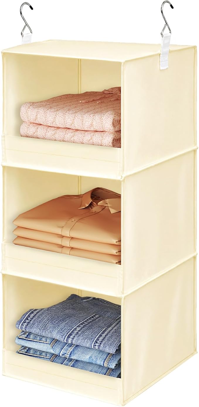 Lifewit 3 Tier Hanging Clothes Storage Organizer for RV, 1 Pack, Beige | Front Anti-Slip Closet Storage Hanger with 2 Sturdy Hooks, Vertical Foldable Sweater Organization for Shelf, Wardrobe, Dorm