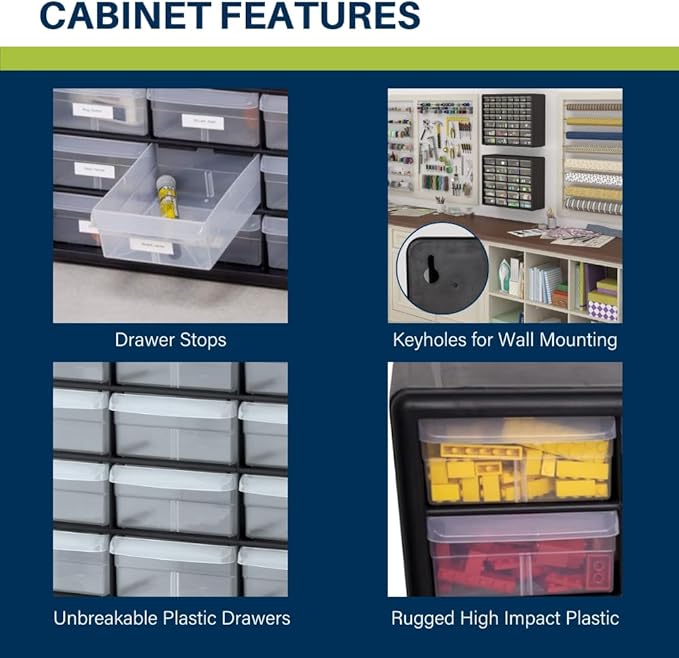 Akro-Mils 24-Drawer Plastic Drawer Storage Cabinet for Garage Organization, Bead Organizer, Building Bricks Storage, Teacher Toolbox, Makeup Organizer, 20-Inch W x 6-Inch D x 16-Inch H, 10124 Yellow