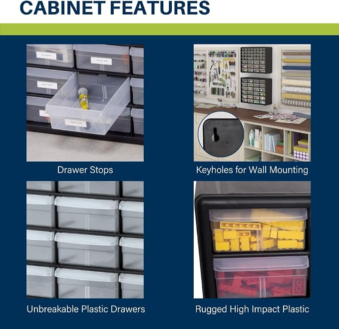 Akro-Mils 24-Drawer Plastic Drawer Storage Cabinet for Garage Organization, Bead Organizer, Building Bricks Storage, Teacher Toolbox, Makeup Organizer, 20-Inch W x 6-Inch D x 16-Inch H, 10124 Red