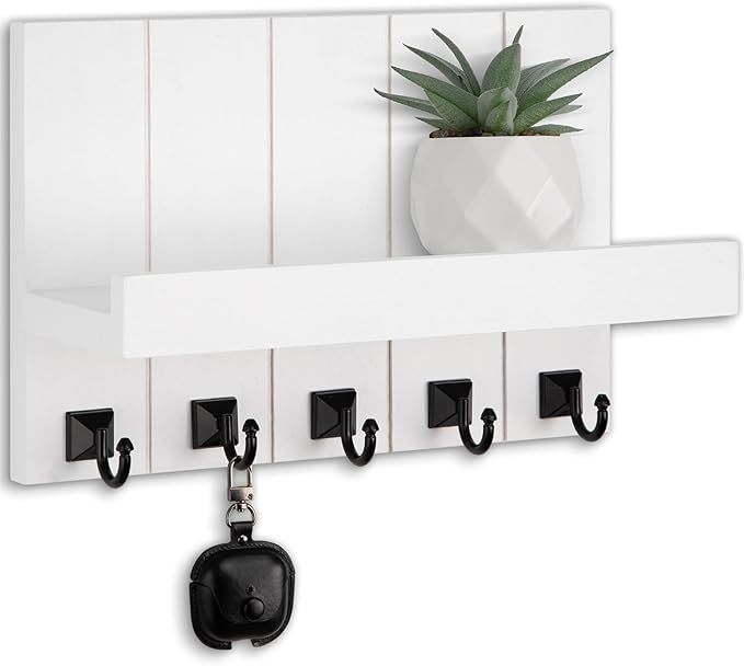 Key Holder for Wall, Decorative Key Holder with Shelf, Key and Mail Holder Wall Mount, Farmhouse Decor with 5 Key Hooks for Keys, Coats, ect.