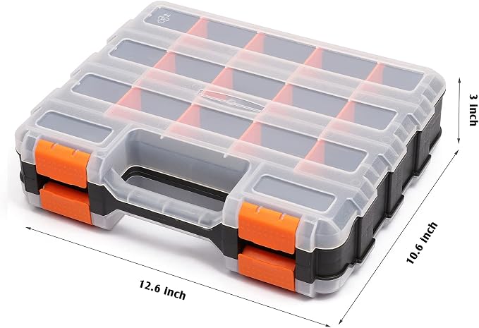 Mayouko Double Side Tools Organizer, Customizable Removable Plastic Dividers, Hardware Box Storage, Excellent for Screws,Nuts,Small Parts, 34-Compartment, Black/Orange,12.6"L x 10.6"W x 3.2"H