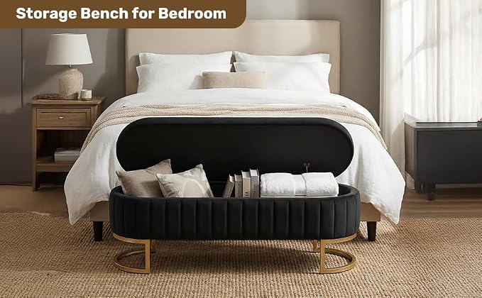 51" Velvet Storage Ottoman Bench End of Bed for Bedroom Entryway Black