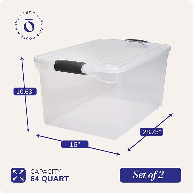 HOMZ 64 Quart Secure Seal Latch Clear Plastic Bin | Stackable & Nestable | Easy Grip Latching Handles | Home, Office, Dorm Room Organization | Grey Handles, 2 Pack | Gray Latches - Stackable Container Boxes for Bedroom, Bathroom, Garage, and Office Org...
