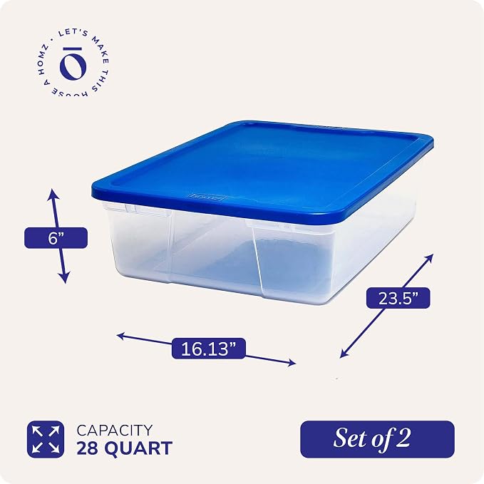 HOMZ Snaplock Clear Storage Bin with Lid, Medium-28 Quart, Blue, 2 Count