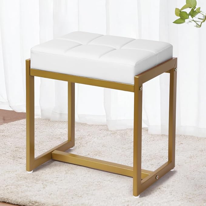 Vanity Stool, Vanity Chair Stools for Makeup Room, Faux Leather Small Makeup Bench, Modern Gold Metal Legs Ottoman Foot Rest for Bedroom Living Room, White & Gold