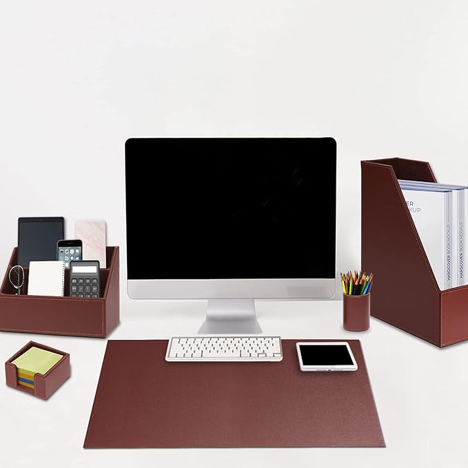 Office Supplies PU Leather 6-Piece Desk Organizer with Writing Pad, Letter Tray, File Folder Sorter, Pen Cup, Note Holder, Business Card Holder - Brown