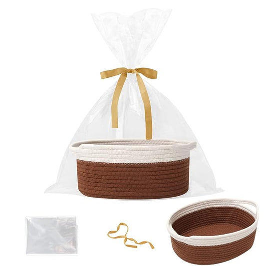 Woven Rope Basket - Baby Gift Basket with Bag & Ribbon, White&Brown | Cotton rope with handle, 12 x 8 x 5 in, gift bag and ribbon, for baby shower, birthday, toy storage, nursery, shelf decor