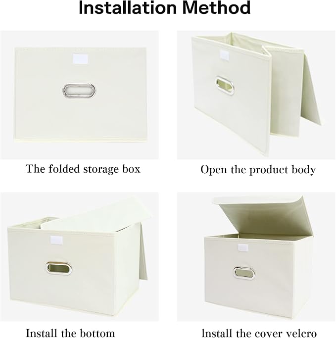 Linen Fabric Foldable Collapsible Storage Cube Bin Organizer Basket Fabric Storage Bins with Lid, Leather Handles, Removable Divider for Home, Closet, Creamy-White