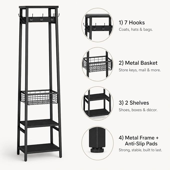 Coat Rack with Metal Basket and Storage Shelves | Coat Stand Freestanding, Hall Tree With and 7 Hooks, Clothes Rack Stand Organizer, Black