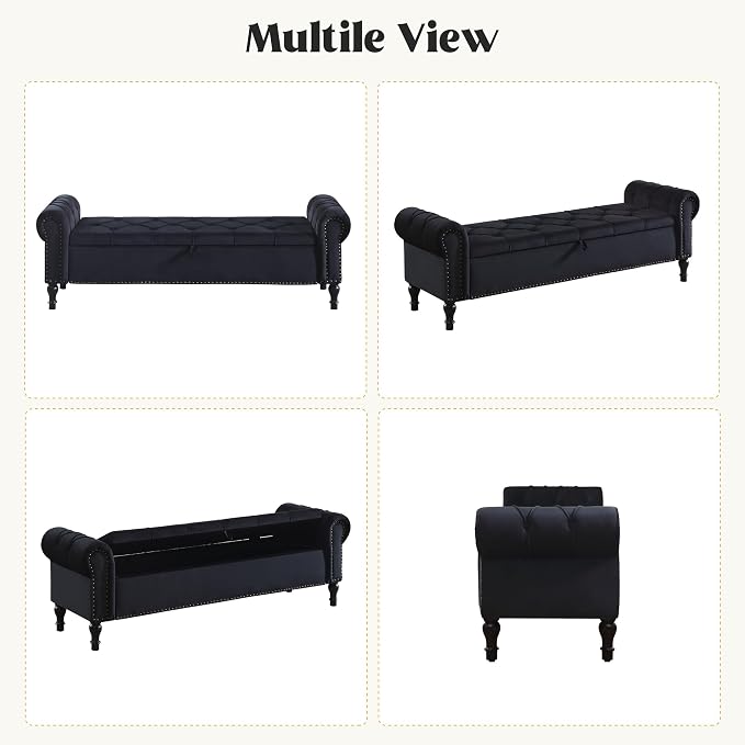 Storage Bed Bench for Bedroom, 67 Inches End of Bed Bench, Velvet King Size Bench with Arms, Tufted Button Storage Ottoman Benches, Upholstered Bench for Bedroom, Living Room, Entryway, Black