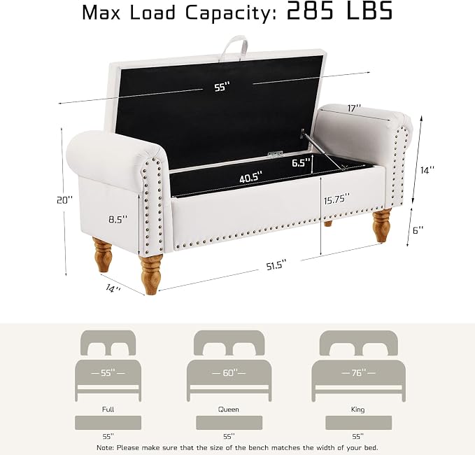 55" Linen Storage Bench, Queen End of Bed, Off-White | Linen Upholstered, Bedroom/Entryway/Closet, Storage Ottoman Bench, Window Seat, Lift-Top Storage, for Queen & King Bed