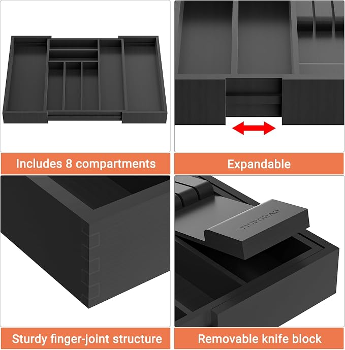 Expandable Bamboo Silverware Drawer Organizer Kitchen Tray, Black | Removable Knife Block, Holds 7 Knives, Adjustable Dividers, 12.6-21.45 x 16.3 x 2.13 in, Drawer Insert for Utensils, Forks