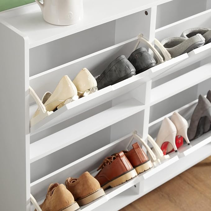 Haotian Ultra Thin Shoe Cabinet with 4 Flip-Drawers | Narrow Enclosed Shoe Rack, Slim Shoe Storage Organzier Entryway, White, FSR100-W