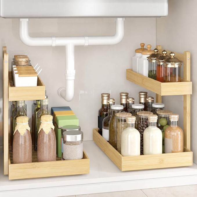 Bamboo Under Sink Organizer, 2-Tier Pull Out Cabinet Organizer | Kitchen Sink Organizer | Bathroom Cabinet Organizer | Cleaning Supply Storage | L-Shape | 3-Level Adjustable | Natural Bamboo