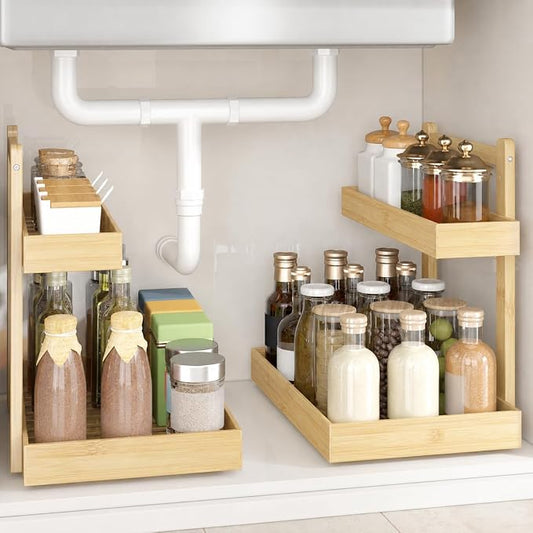Bamboo Under Sink Organizer 2 Pack, 2-Tier Pull Out Cabinet Organizer | Kitchen Sink Organizer | Bathroom Cabinet Organizer | Cleaning Supply Storage | L-Shape | 3-Level Adjustable | Natural Bamboo