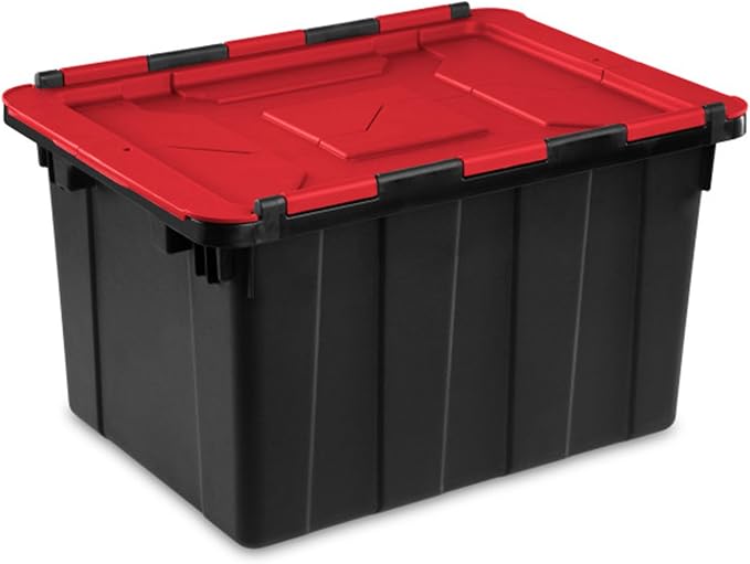 Sterilite Industrial Storage Tote with Lids for Garage, 12 Gallon, 12-Pack | Heavy-Duty and Stackable Utility Box Containers for Home, Office, and Basement Organization, Black/Red