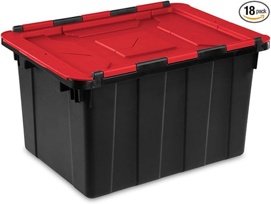 Sterilite Industrial Storage Tote with Lids for Garage, 12 Gallon, 18-Pack | Heavy-Duty and Stackable Utility Box Containers for Home, Office, and Basement Organization, Black/Red