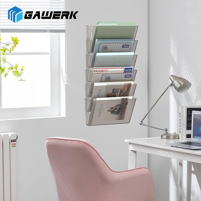 Gawerk Clear Acrylic Single Pocket, Plastic Hanging Wall Mount File Holder for Office Home (Gray, 5 Pack)