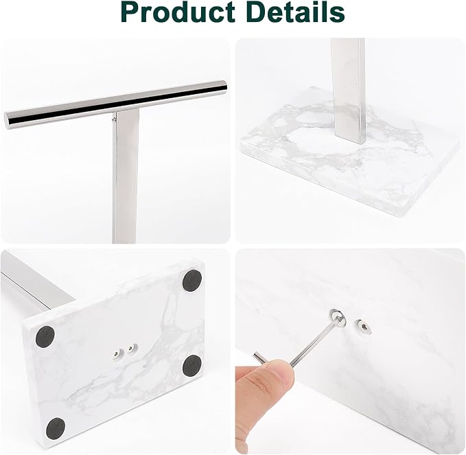 Hand Towel Holder, T-Shape Hand Towel Stand for Bathroom, Hand Towel Rack Bar Standing for Vanity Kitchen Countertop, 304 Stainless Steel, Marble Base (Chrome)
