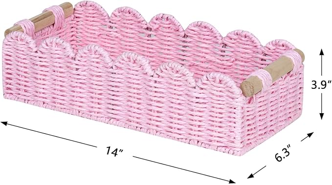 CubesLand Paper Rope Scalloped Edge Gift Basket Empty | Small Living Room,Bedroom Decor Baskets, Pink Woven Toilet Paper Storage Basket, with 2 Wooden Handle, Rectangular