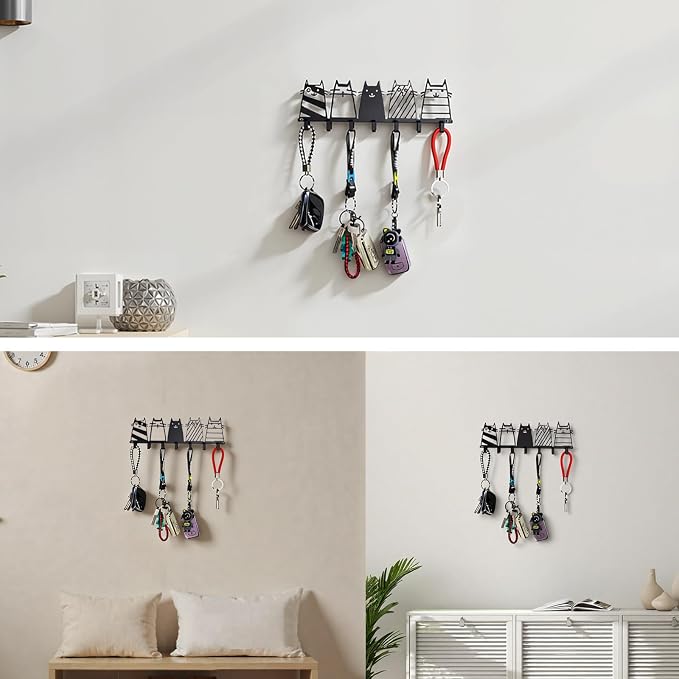 Key Holder Wall Mounted with Screws and Anchors, Black Multifunctional Key Hanger with 7 Hooks, Entryway Front Door Kitchen Hallway Garage Office