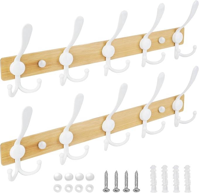 TICONN Wall Mounted Coat Rack, Five Heavy Duty Tri Hooks All Metal Construction for Jacket Coat Hat in Mudroom Entryway (Wood White, 2-Pack)