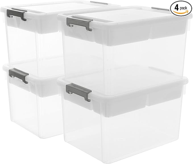 Citylife 32QT 4Packs Clear Craft Organizers and Storage Box with Tray | Stackable Art Supply Organizer Storage Bins with Lids for Beads, Markers, Sewing, Tools, Clothes, Files, Office Supplies