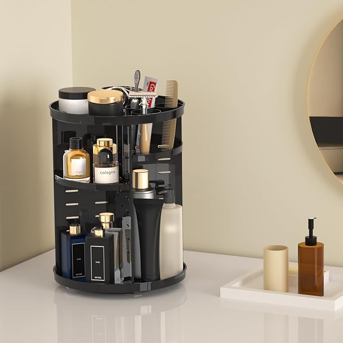 Rotating Makeup Organizer, DIY 8 Adjustable Layers Spinning Skincare Storage, Cosmetic Display Case with Brush Holder and Perfume Tray, Multi-Function Vanity Bathroom Countertop Organizer Black