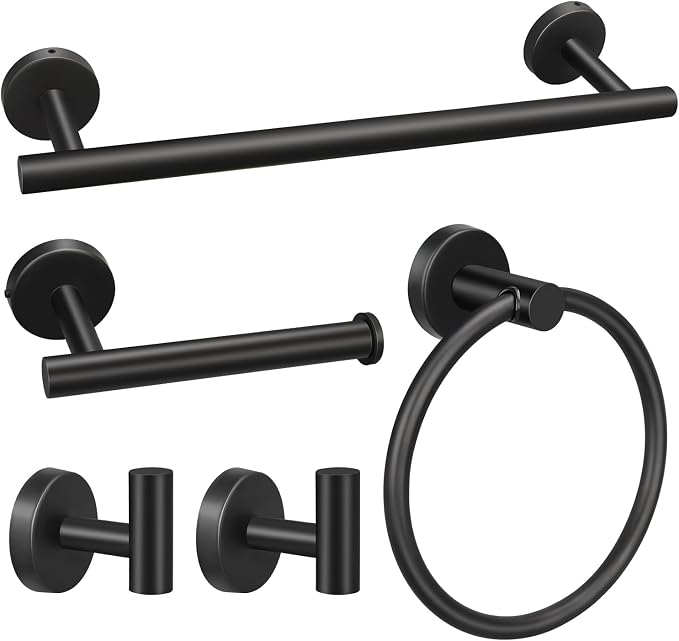 5pcs Bathroom Hardware Set, Matte Black Bathroom Hardware Set, Including 16" Hand Towel Bars, Toilet Paper Holders, Towel Rings, Robe Towel Hooks | Including 16" Hand Towel Bars, Toilet Paper Holders, Towel Rings, Robe Towel Hooks