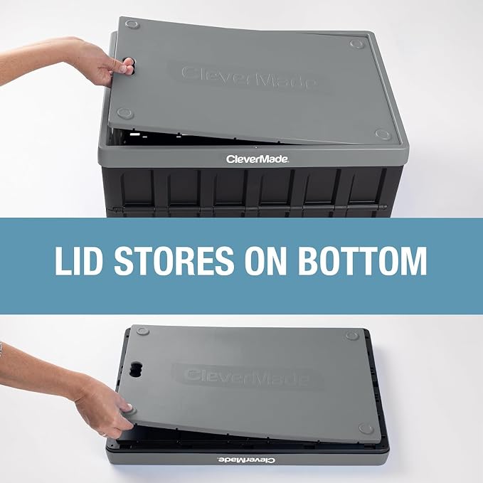 CleverMade Collapsible Storage Bins with Lids, 62L, 3 Pack, Obsidian | Large-capacity bins support 100 lb and stack securely. The lid stores underneath, and each crate folds to 2.5 inches.