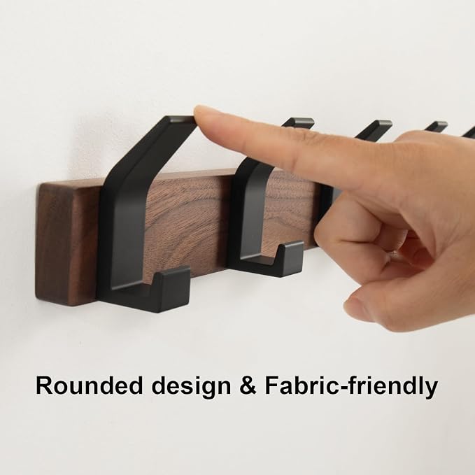 Coat Rack Wall Mount - 16.9 Inches Coat Rack Wall Mount with 5 Hooks Walnut Wood Coat Hooks Wall Mounted Rustproof Coat Hanger Black Aluminum Wall Hooks for Hanging Coat Hat Backpack Key