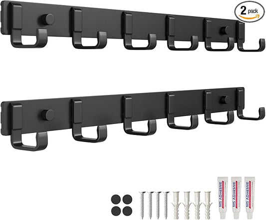 16-Inch Wall Mount Coat Rack with 6 Hooks, Compact Hooks for Hanging Coats, Hats, Jacket, Bags and Purses in Entryway, Bedroom, Bathroom or Closet, Install with Strong Glue or Screws (2-Pack)