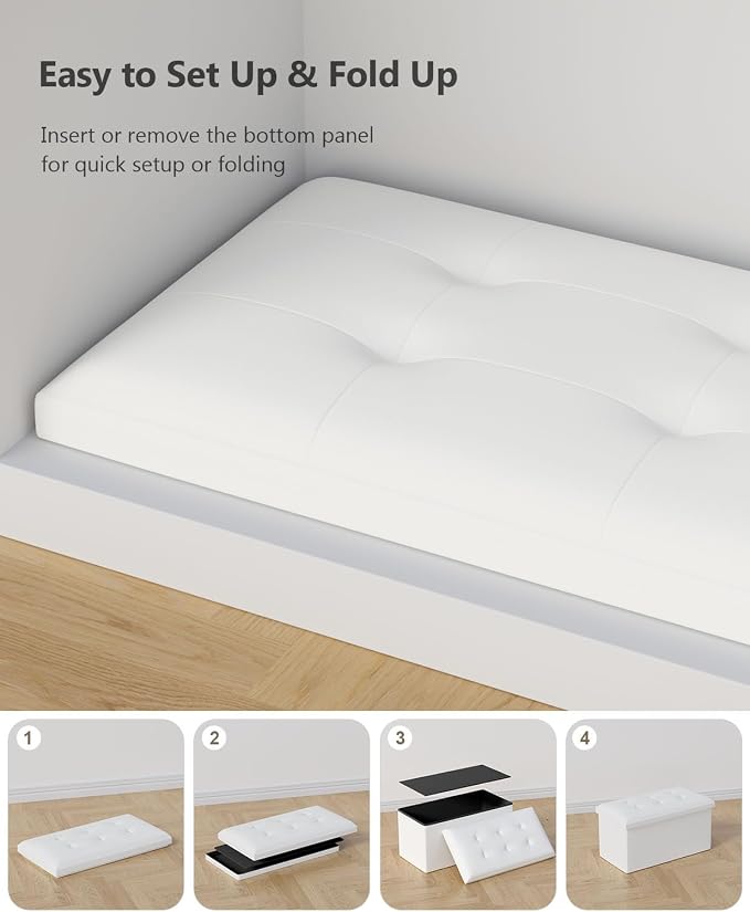 Folding Storage Ottoman Bench, White, 30 Inches | Multi-Functional Ottoman Foot Rest, End of Bed Bench, Storage Chest, Living Room, Bedroom, Hallway, Entryway, 600 lb Capacity
