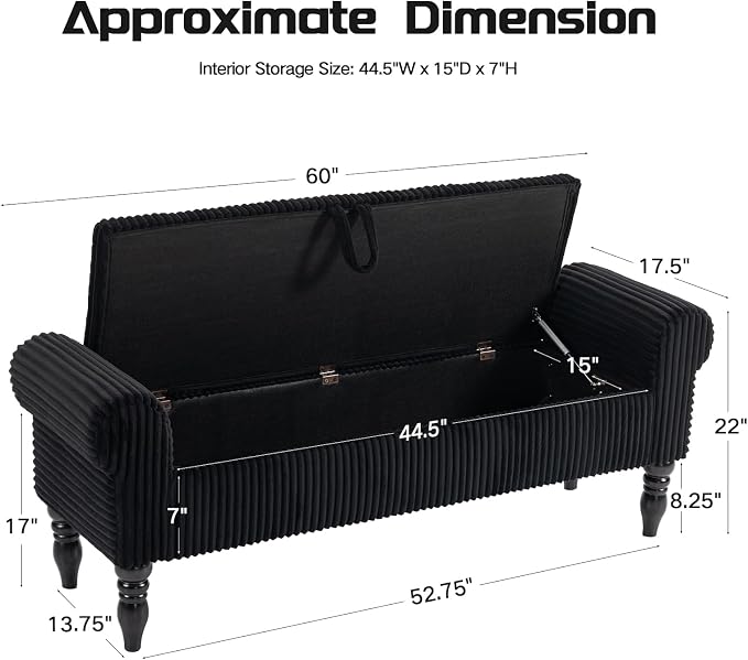 60" Storage Bench for Bedroom,End of Bed Bench with Storage | Corduroy King Size Bench with Rolled Arms,Storage Ottoman Benches for Living Room,Entryway,Benches for Foot of Bed,Black